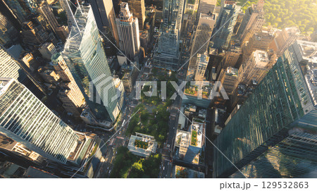 高層ビル群と広い並木通りの都市風景。ニューヨークの摩天楼とビジネス街 高層ビル群と広い並木通りの都市風景。ニューヨークの摩天楼とビジネス街 129532863