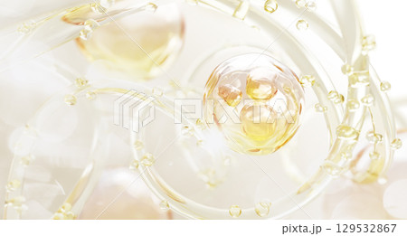 Oil drops texture with bubbles, waves and splashes. Gold liquid cosmetic skin care 3d background. Yellow transparent fluid flow with droplets of serum, retinol gel, hyaluronic essence. 3D illustration Oil drops texture with bubbles, waves and splashes. Gold liquid cosmetic skin care 3d background. Yellow transparent fluid flow with droplets of serum, retinol gel, hyaluronic essence. 3D illustration 129532867