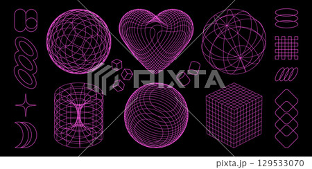 Wireframe geometric shapes in cyber aesthetics 129533070