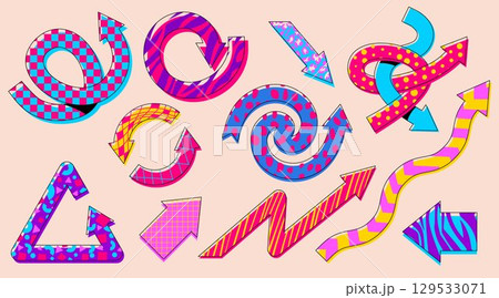 Vibrant arrow designs with retro playful patterns Vibrant arrow designs with retro playful patterns 129533071