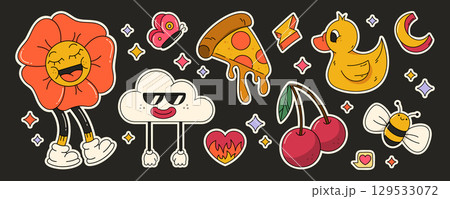 Retro flower character with groovy stickers Retro flower character with groovy stickers 129533072