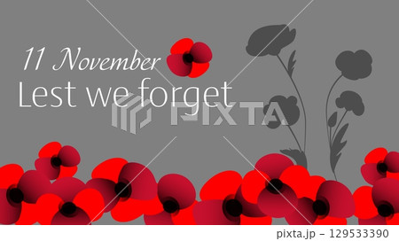 Vector illustration of remembrance day horizontal banner with red poppies on grey background Vector illustration of remembrance day horizontal banner with red poppies on grey background 129533390