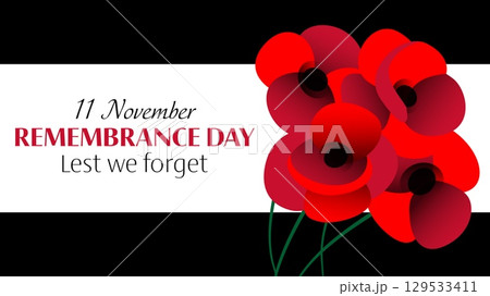 Vector illustration of remembrance day horizontal banner with red poppies on black background 129533411
