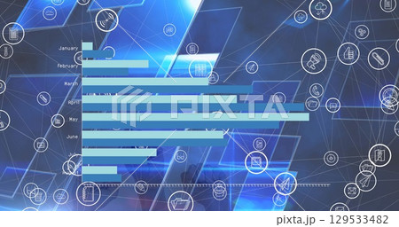 Image of network of connections with icons and data processing over blue background 129533482