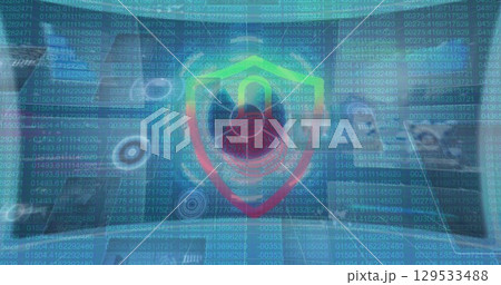 Image of digital padlock and data on screens over blue background with numbers 129533488