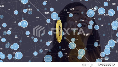 Image of bitcoin symbol network of connections over asian woman Image of bitcoin symbol network of connections over asian woman 129533512