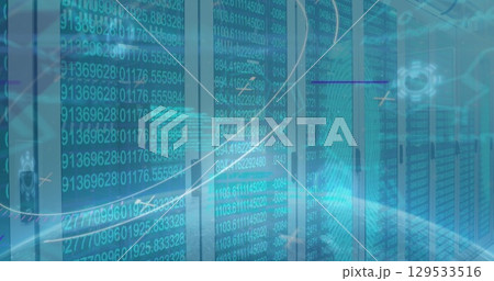 Image of data processing and icons over server room Image of data processing and icons over server room 129533516