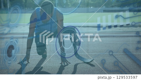 Image of digital data over african american disabled man training with running blade 129533597