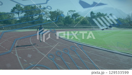 Image of digital interface over african american men with physical disability running 129533599