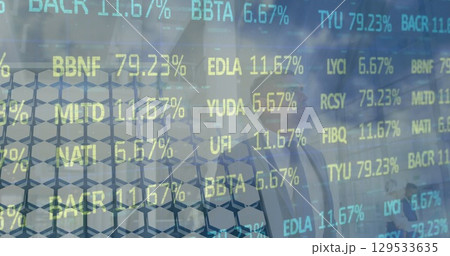Image of financial data, graphs and caucasian businessman over solar panels 129533635