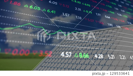 Image of financial data and graphs over solar panels Image of financial data and graphs over solar panels 129533641