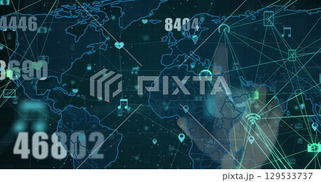 Image of numbers, icons and world map over navy background 129533737