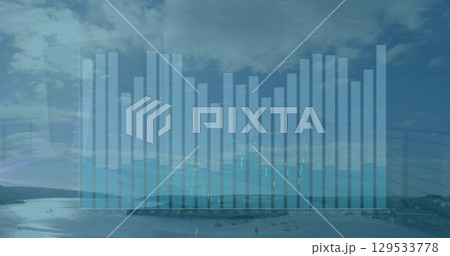 Image of financial graphs over landscape with lake and clouds 129533778