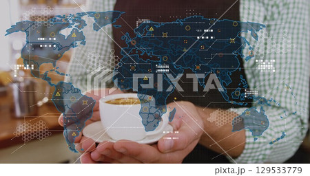 Image of data processing over hands holding cup of coffee 129533779