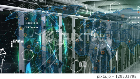 Image of shapes, icons and world map over server room 129533798