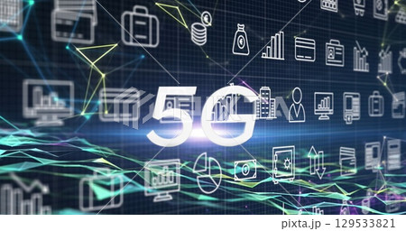 Image of falling icons and 5g text over dark background 129533821