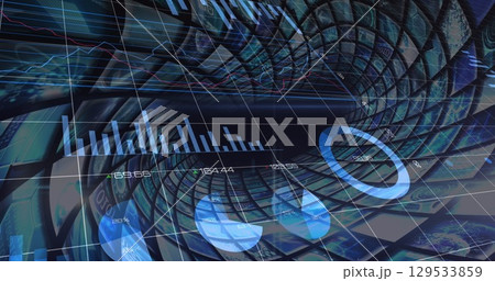 Image of statistical data processing over multiple curved screens against blue background 129533859