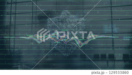 Image of data processing over digital padlock and clouds 129533860