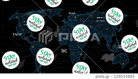 Image of stay natural in circles falling over world map with icons 129533883
