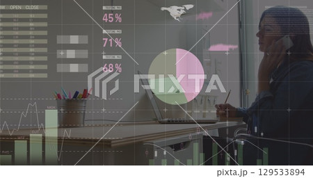 Image of statistics and data processing over man using computer 129533894