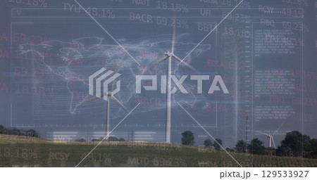 Image of financial data processing over electric windmill 129533927
