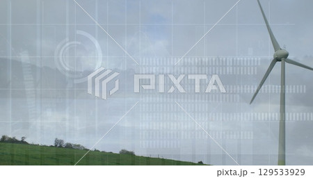 Image of financial data processing over electric windmill 129533929