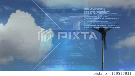 Image of financial data processing over electric windmill 129533931