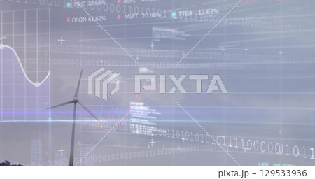 Image of financial data processing over electric windmill 129533936