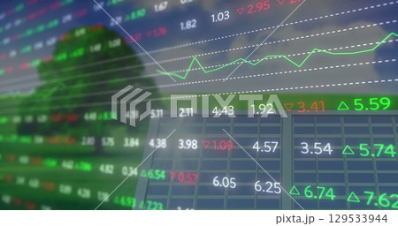 Image of financial data and graphs over solar panels Image of financial data and graphs over solar panels 129533944