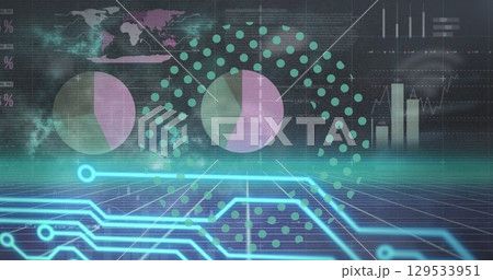 Image of graphs and integrated circuit moving in digital space 129533951