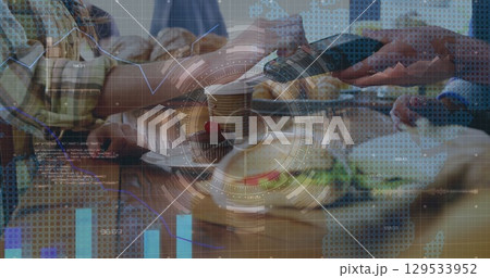 Image of data processing over hand paying in shop Image of data processing over hand paying in shop 129533952