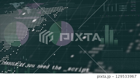 Image of world map, data, graphs and financial data on black background 129533967