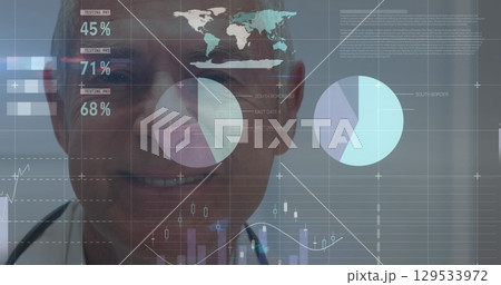 Image of financial data and graphs over happy caucasian senior male doctor 129533972
