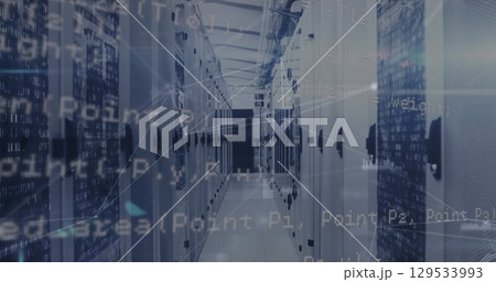 Image of network of connections and data processing over server room 129533993