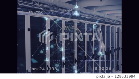 Image of network of connections with globe and glitch over server room 129533994