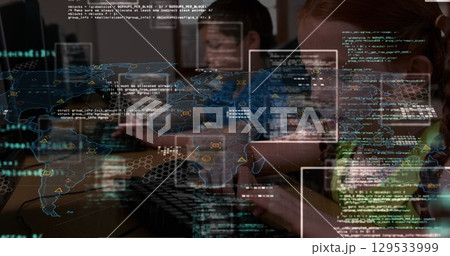 Image of data processing over world map against caucasian girl using computer at school Image of data processing over world map against caucasian girl using computer at school 129533999