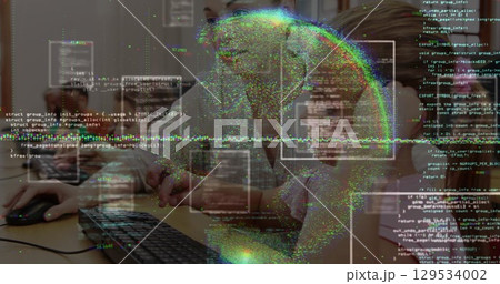 Image of data processing over caucasian female teacher teaching to caucasian girl at school Image of data processing over caucasian female teacher teaching to caucasian girl at school 129534002