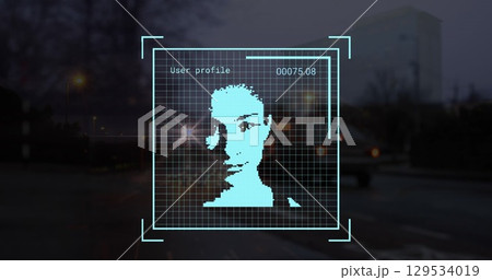 Multiple profile icons with data processing over city traffic at night 129534019