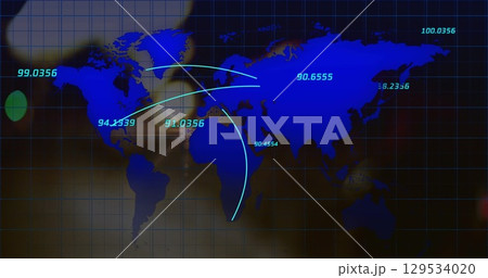 Image of multiple numbers floating over a world map against city traffic at night 129534020