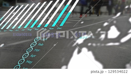 Image of business concept texts and graphs over low section of people crossing street 129534022