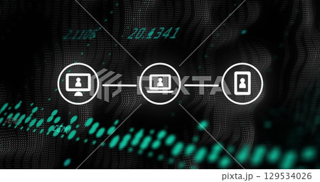 Image of network of connections with icons over data processing on black background 129534026