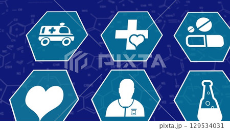 Image of medical icons over blue background 129534031