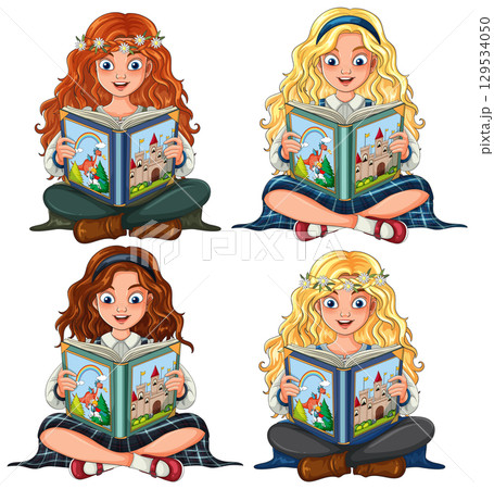 Four Girls Reading Fairy Tale Books While Sitting Cross-Legged Four Girls Reading Fairy Tale Books While Sitting Cross-Legged 129534050