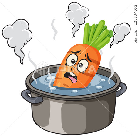 Worried Cartoon Carrot Boiling in Steaming Pot Worried Cartoon Carrot Boiling in Steaming Pot 129534052