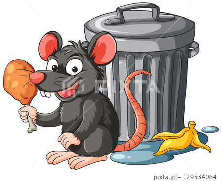 Cartoon Rat Eating Chicken Near Trash Can 129534064
