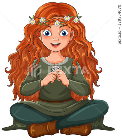Red-Haired Girl Sitting Cross-Legged With Flower Crown 129534070