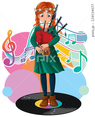 Young Girl Playing Bagpipes on Vinyl Record 129534077