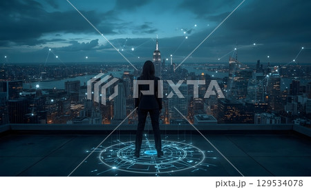 Corporate Visionary: Woman Overlooking Futuristic Cityscape Corporate Visionary: Woman Overlooking Futuristic Cityscape 129534078