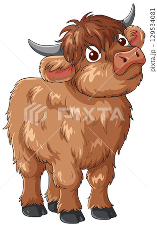 Cartoon Highland Cow with Shaggy Brown Fur 129534081
