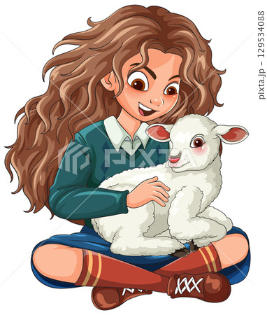 Smiling Girl Sitting Cross-Legged With Baby Lamb 129534088